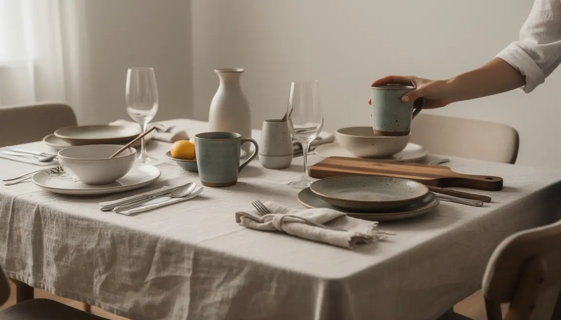 Table au style mixte avec vaisselle contemporaine et vintage, textile naturel, ambiance conviviale
