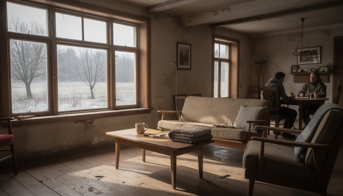 Intérieur chaleureux hiver, fenêtres ouvertes, meubles vintage