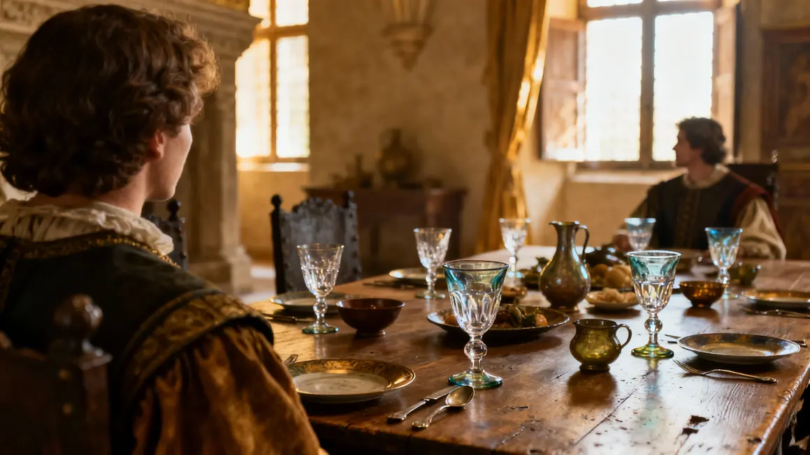 Table Renaissance verres souffles cristal scene patrimoniale