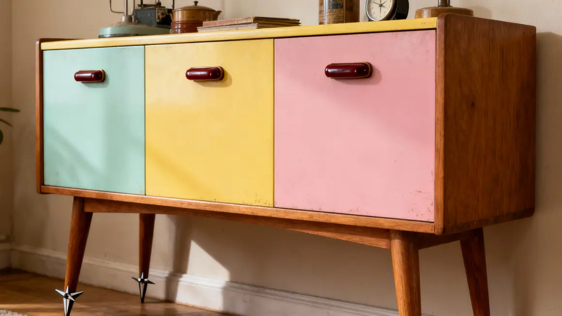 Buffet scandinave années 50 pieds compas Formica pastel bakélite