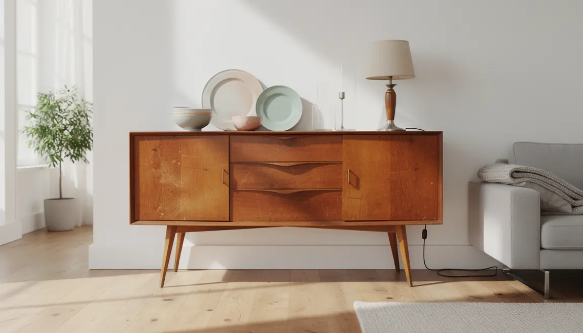 Buffet vintage années 50 bois patiné pieds compas déco rétro