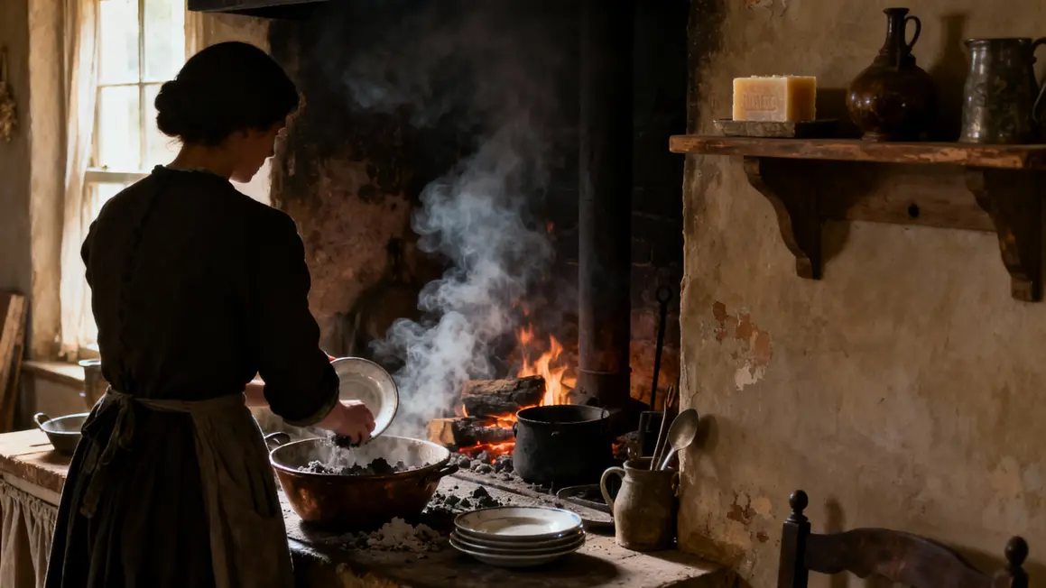 Nettoyage vaisselle à la cendre de bois dans cuisine rurale XIXe