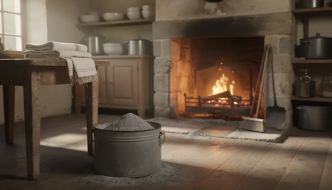 Cendres de bois tamisées dans une cuisine ancienne ambiance écologique