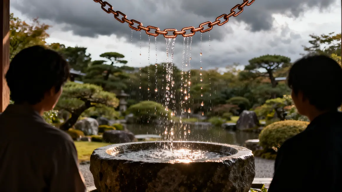 Chaine gouttes cuivre bassin jardin japonais