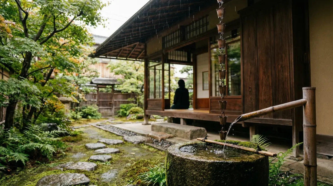Chaine de pluie cuivre maison bois Kyoto