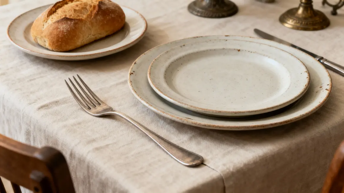 Disposition assiettes table à la française, assiette pain, harmonie moderne ancienne