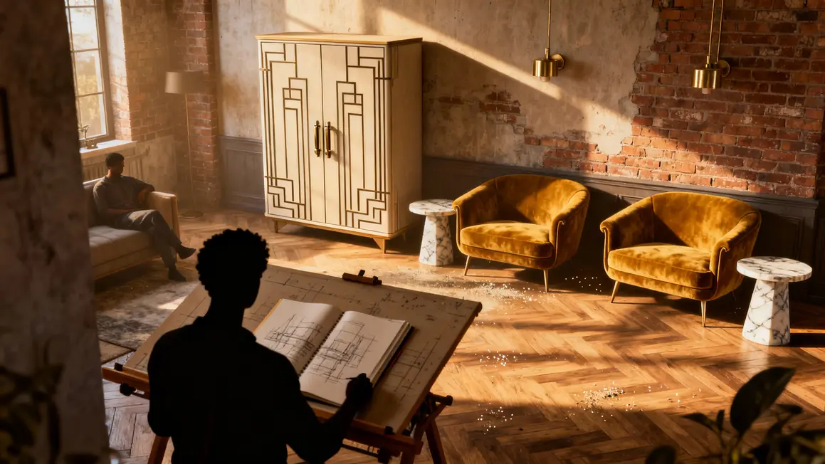 Vue 3D avec meubles retro et modélisation sur logiciel