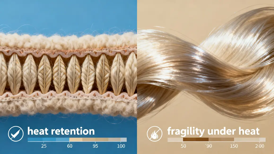 Coupe structurelle fibre laine et soie exposées à la chaleur, risques entretien