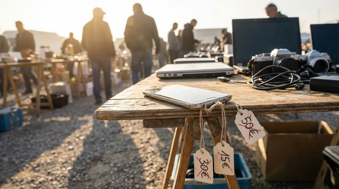 Galaxy A56 en promo sur table, ambiance brocante digitale