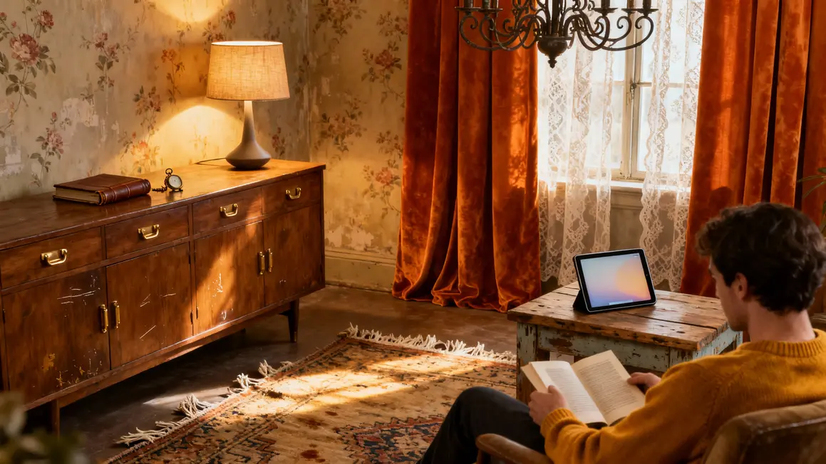 Interface logicielle vintage et objets meubles chinés