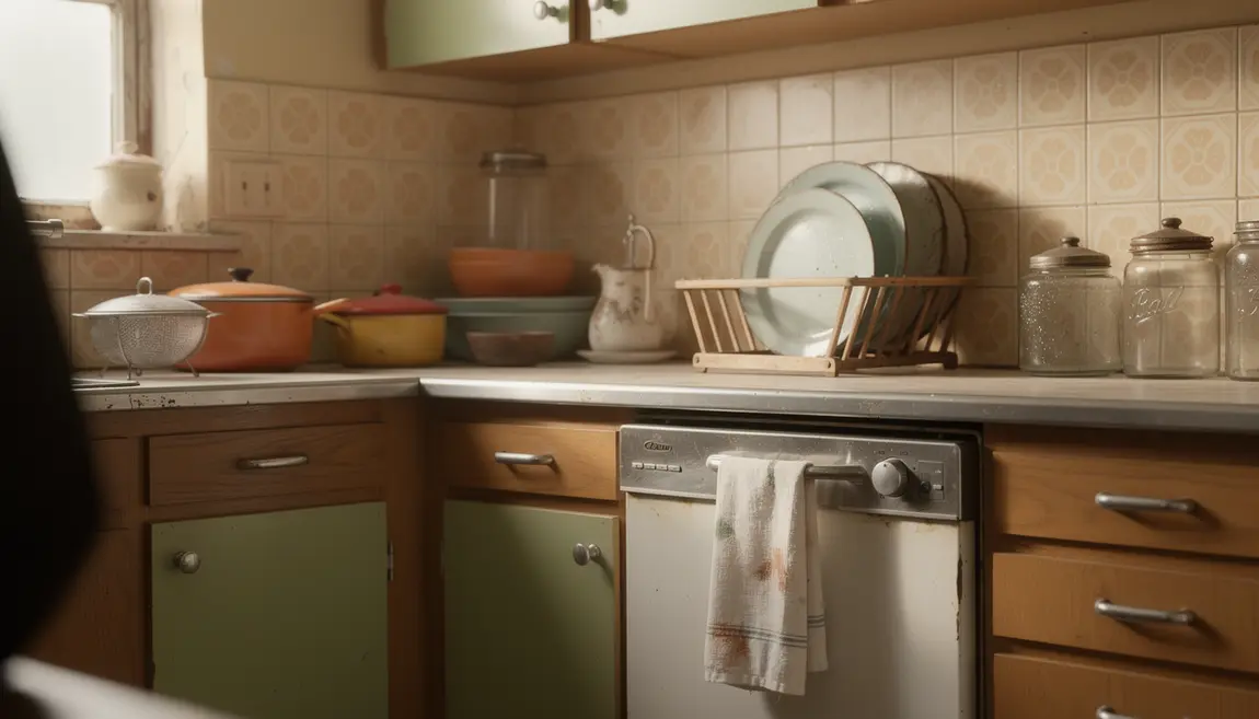 lave vaisselle ancien dans cuisine retro avec accessoires vintage