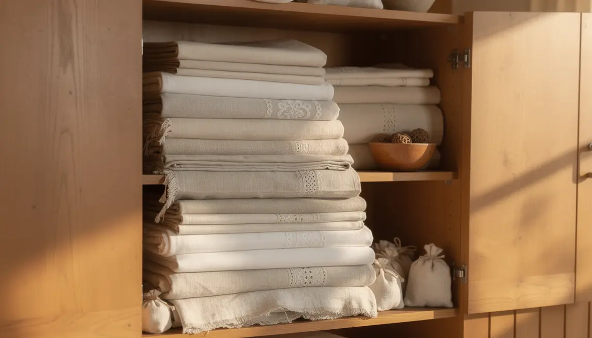 linge ancien rangé avec absorbeurs dans armoire vintage propre