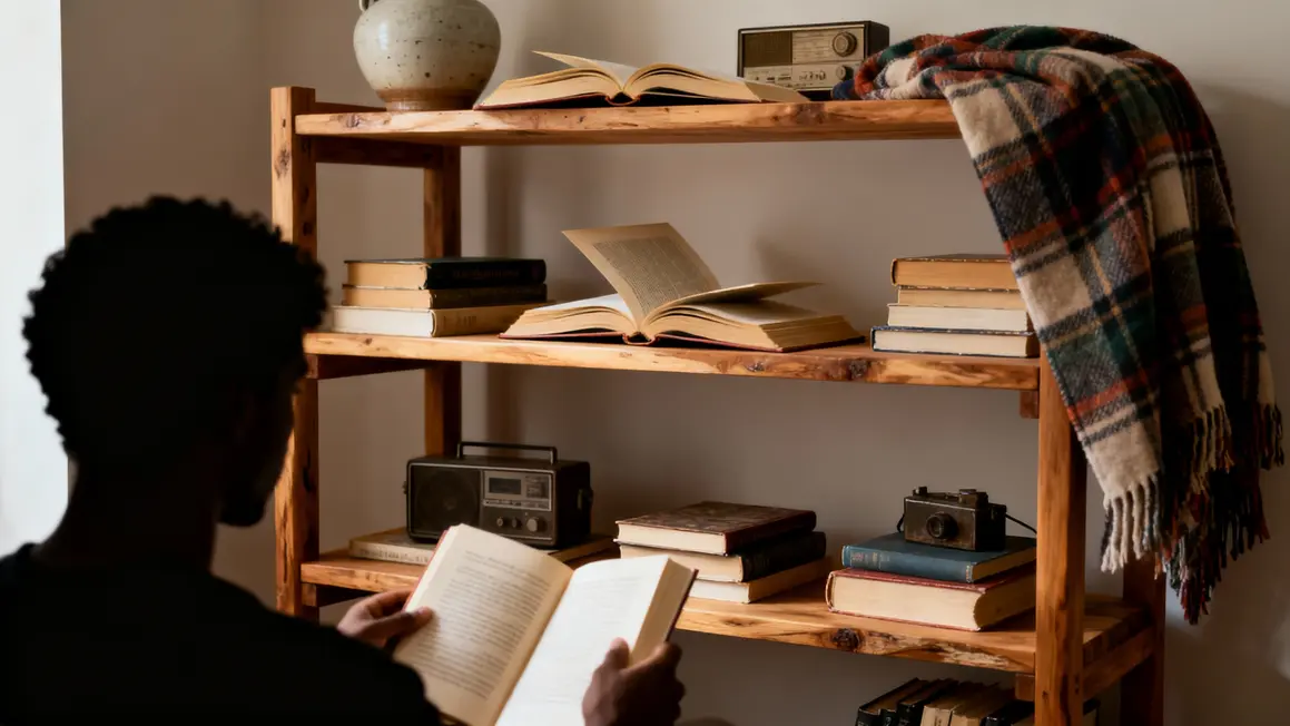 Etagère bois livres déco objets retro ambiance cosy
