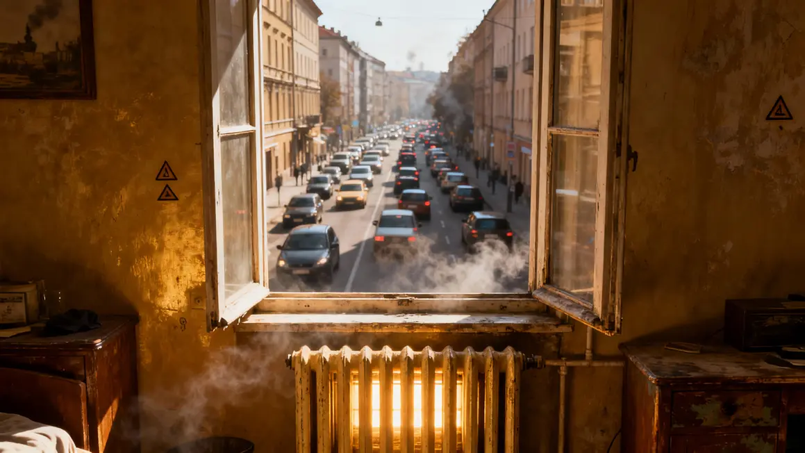 Fenêtre ouverte polluée appartement, meubles vintage, matin