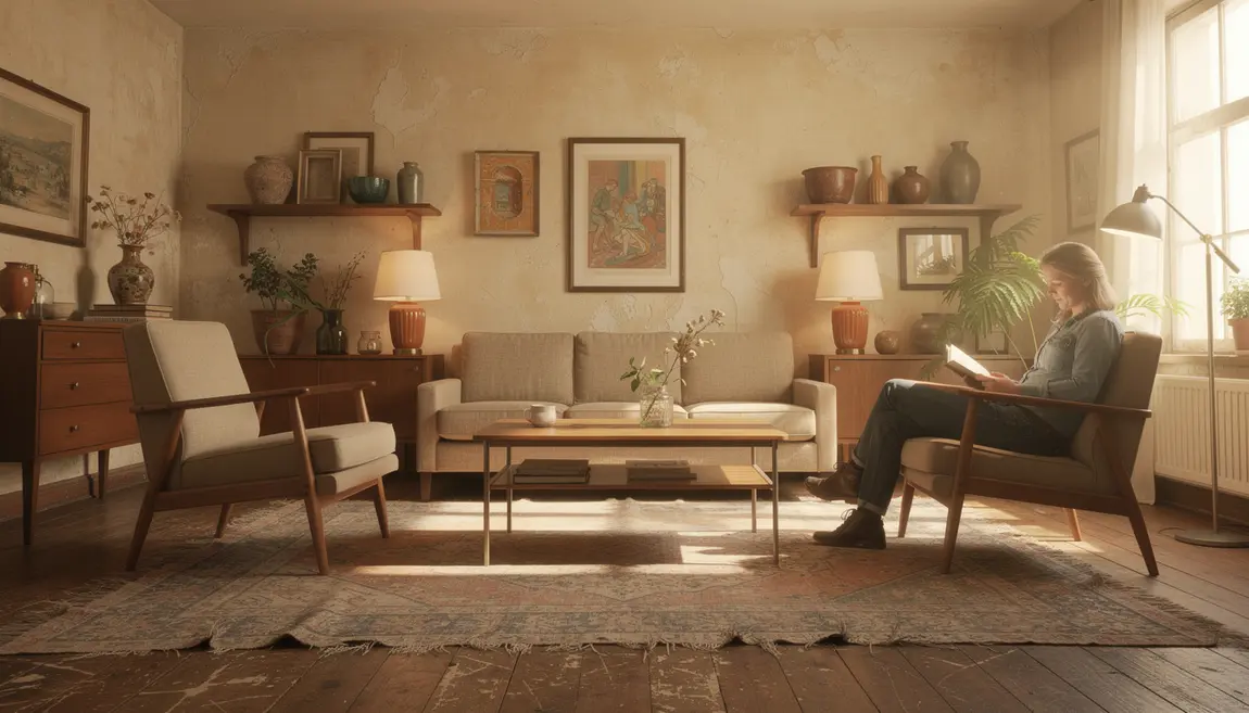 Salon vintage lumineux avec meubles chinés et accessoires numeriques