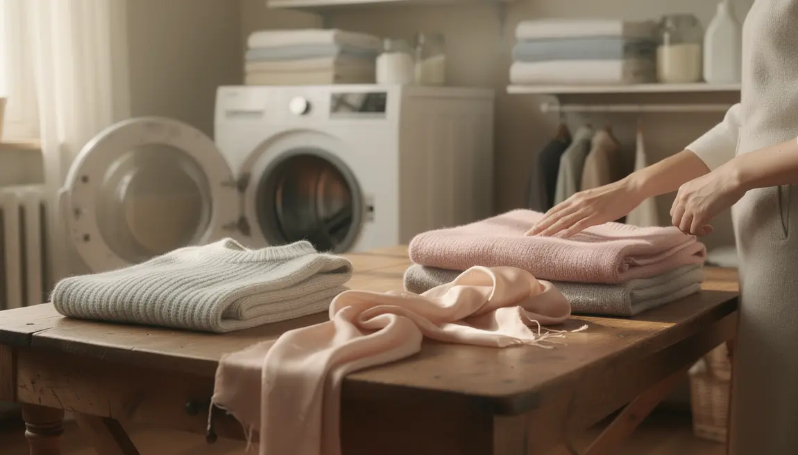 Scène de séchage de laine et soie près d’un sèche-linge moderne, ambiance entretien délicat textile