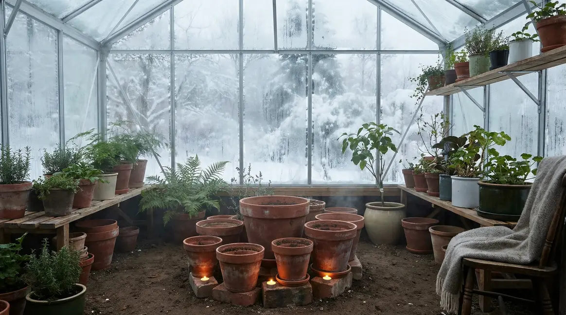 Serre hiver pots terre cuite bougies condensation plantes