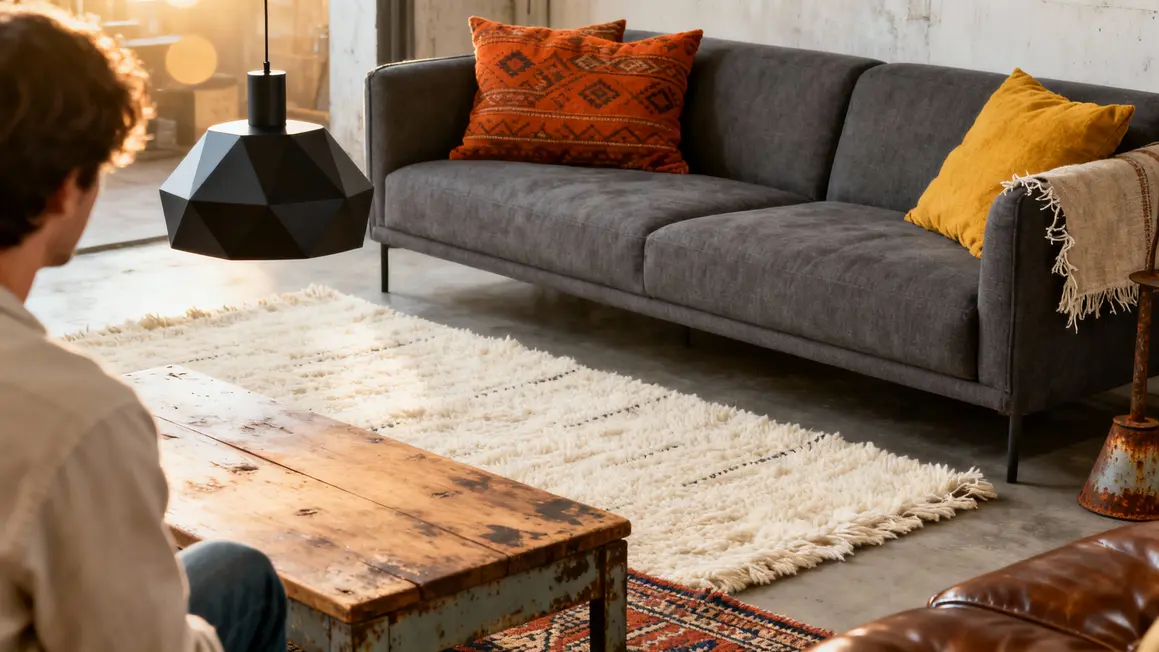 Salon tendance Shein Home, tapis crème, coussins ethniques, ambiance conviviale