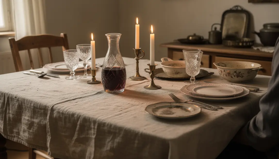 Table dressée brocante vintage avec verres cristal lin bougies