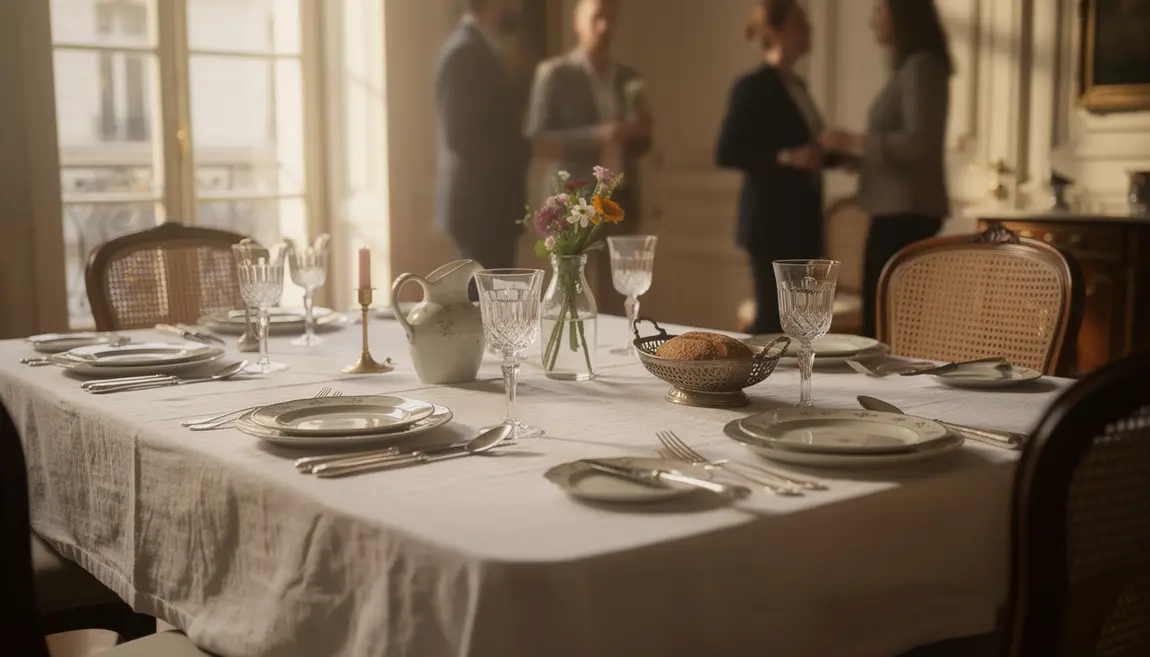 Table dressée à la française, service raffiné, ambiance vintage