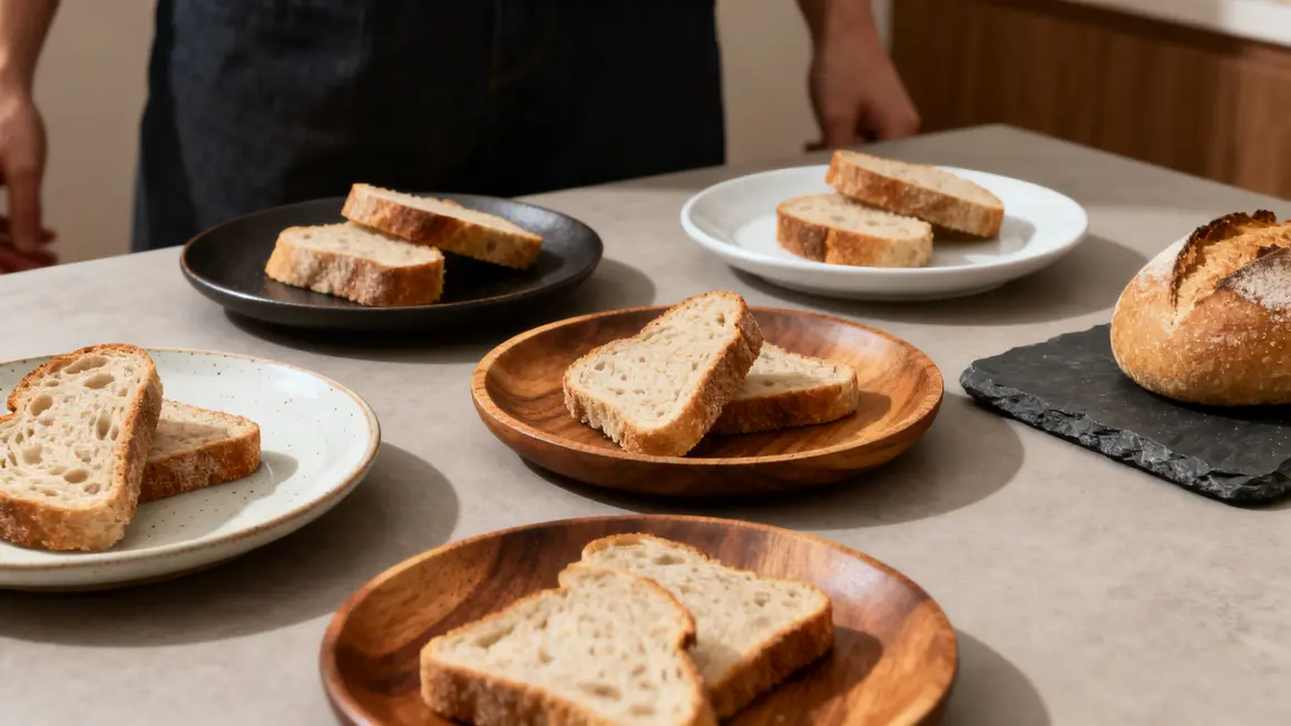 assiettes a pain variées matieres sur table moderne