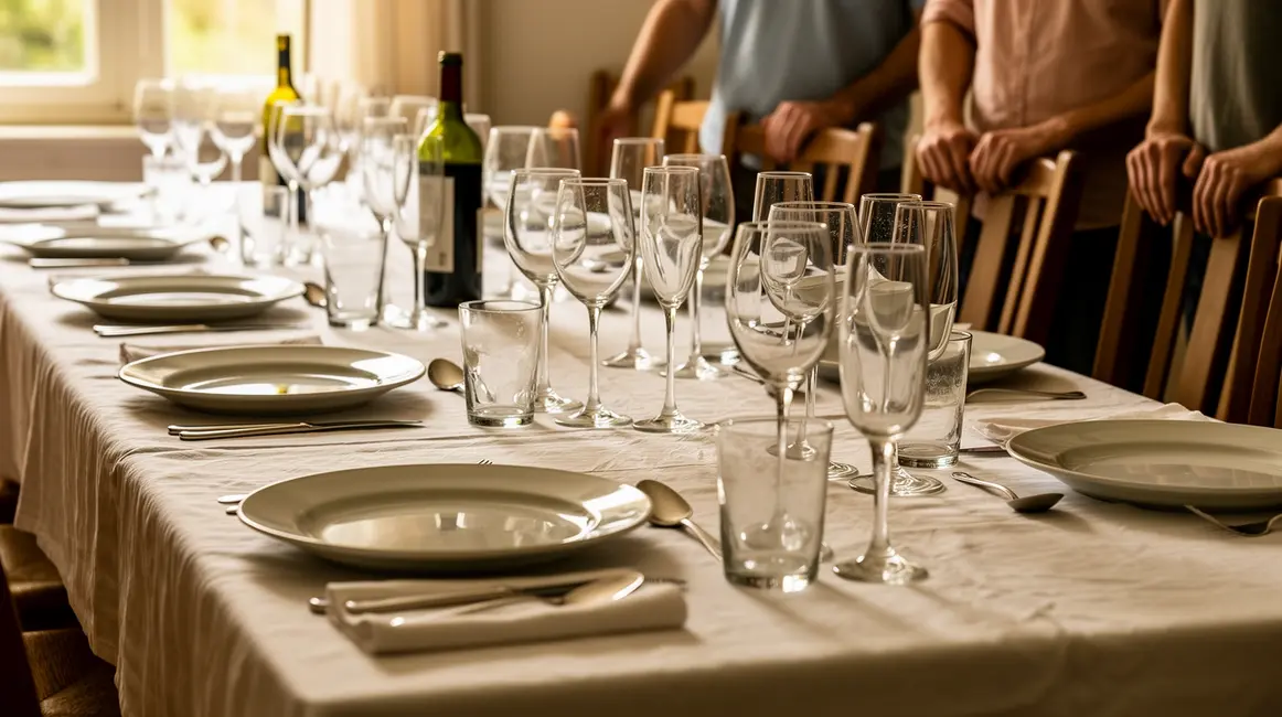Table familiale avec verres alignés en diagonale