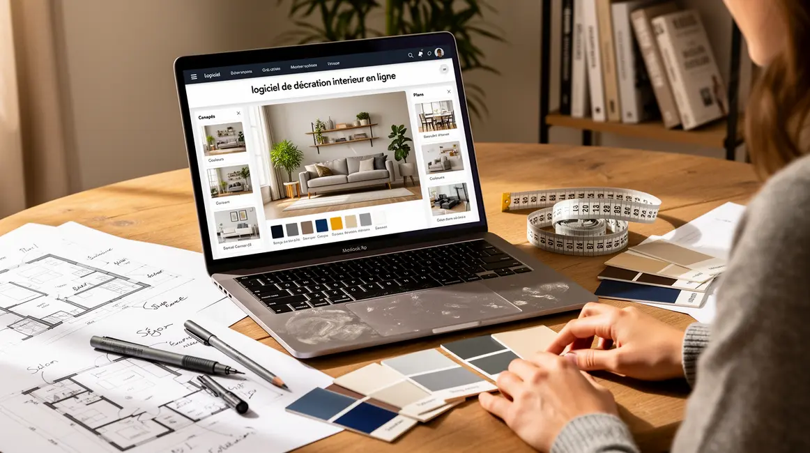 Ordinateur affichant logiciel de décoration intérieure en ligne sur table