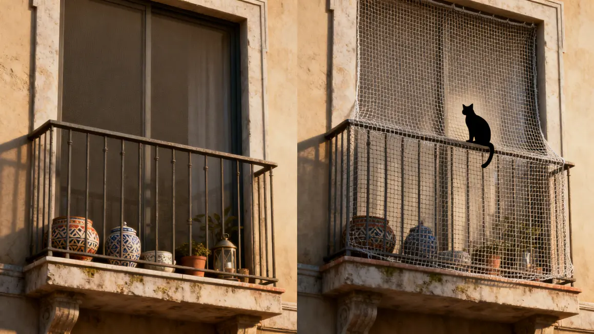 comparaison balcon ancien securise avec sans filet protection chat objets
