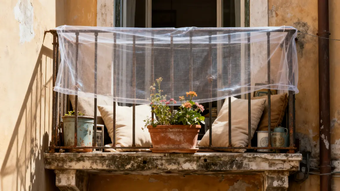 filet protection transparent balcon ancien rambarde metal fleurs