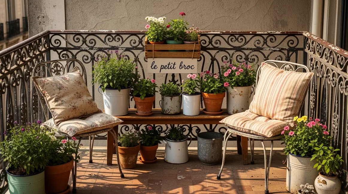 balcon ancien securise pots fleurs vintage coussins fer forge